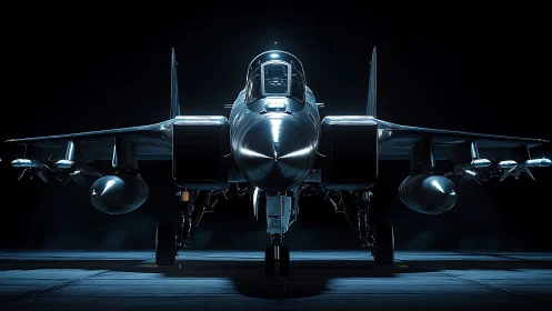 Military jet is shown frontally under controlled low-key light