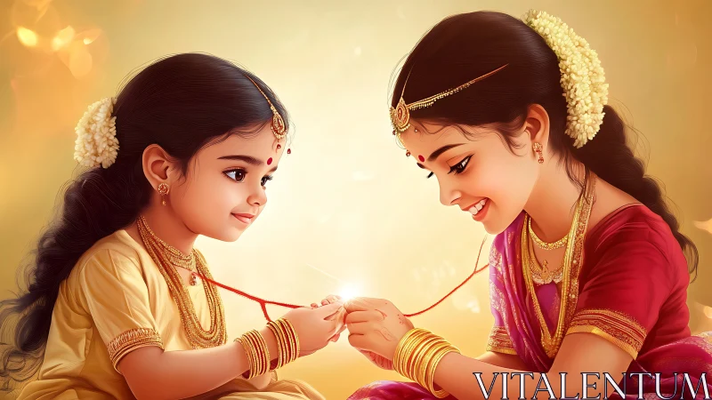 Two Indian Girls Celebrating Raksha Bandhan in Festive Attire.