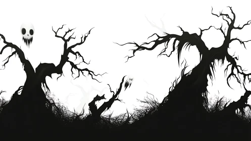 Haunted twisted trees silhouette with ghostly skull spirits.