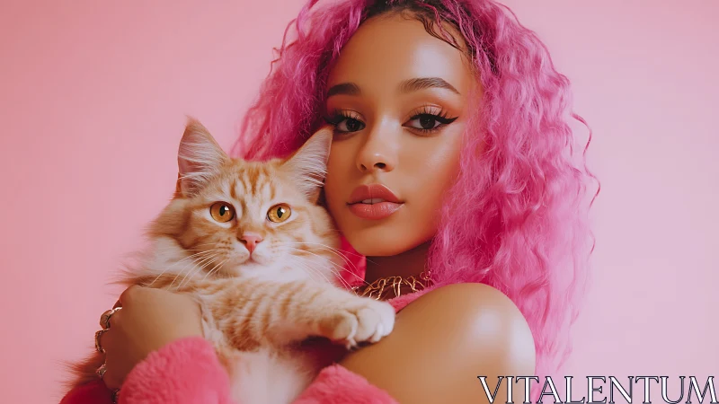 Portrait of individual with vibrant magenta curled hair holding orange tabby cat