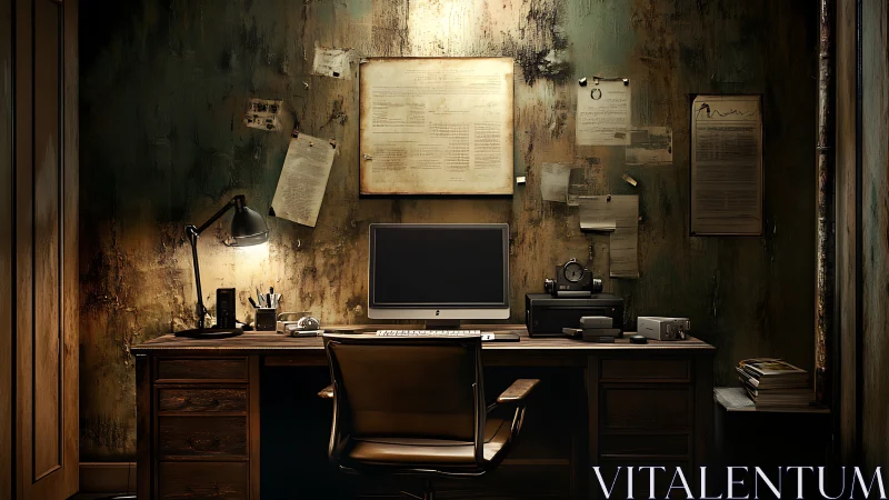 Moody investigator&rsquo;s desk with computer in grungy study.