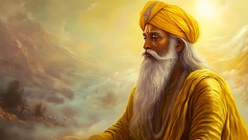 Elderly sage in golden robes contemplates within misty mountains