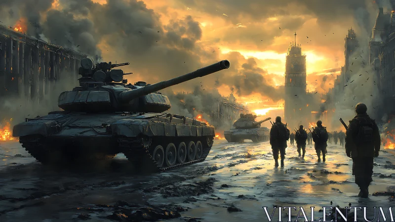 Armored column advances through burning city at sunset sky