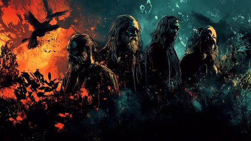 Split-complementary portrait of four bearded figures in dual chromatic haze