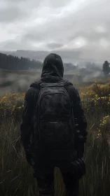 Lone wanderer surveys misty field under heavy gray sky.