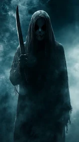 Masked hooded figure holds large knife amid dense fog