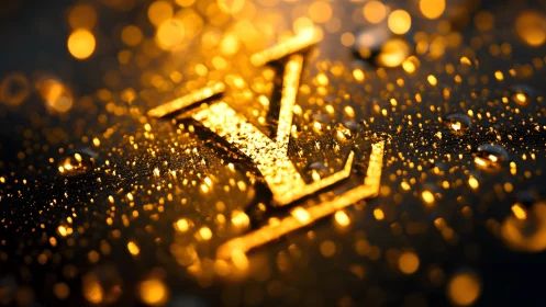 Luxury gold LV monogram with water droplets, glowing bokeh style.