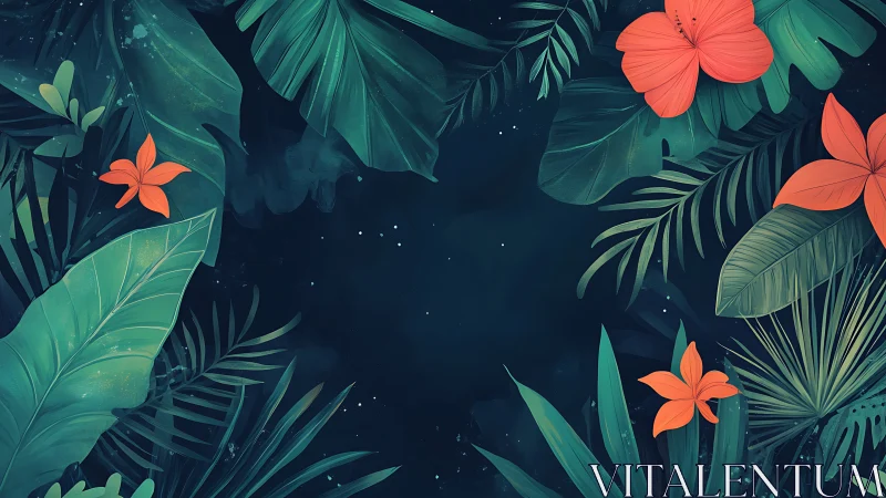 Tropical midnight leaves cradle glowing coral blossoms.