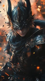 Ember-crowned dark knight strides through molten twilight storm.