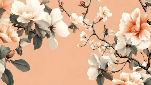 Peach Garden Romance: Blooming Elegance on Warm Canvas