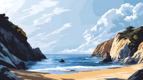 Sunlit coastal cliffs overlook tranquil blue ocean waves