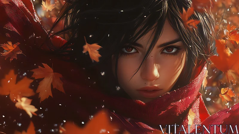 Woman&rsquo;s intense gaze framed by autumn leaves in motion