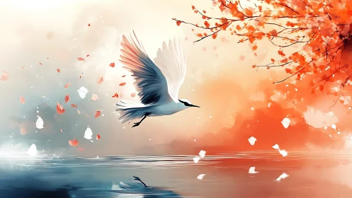 White heron over autumn lake in vibrant digital painting.