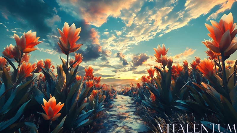 Sunlit path through glowing orange flowers at sunset.