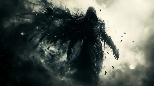 Hooded shadow wraith emerges through swirling storm fog