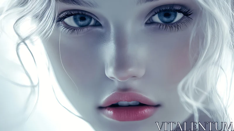 Icy blue-eyed portrait glows with ethereal digital realism.