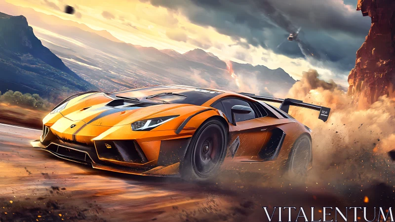 Orange supercar drifts through dusty canyon road at sunset