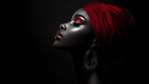 Radiant profile in red headwrap and glowing shadows.