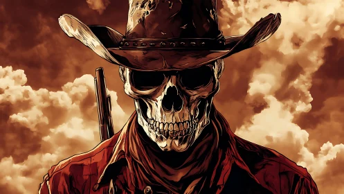 Skeleton cowboy stands front-facing against dramatic sky