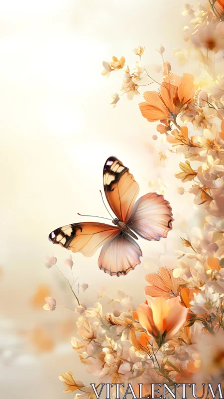 Butterfly hovers near clustered orange blossoms in soft light
