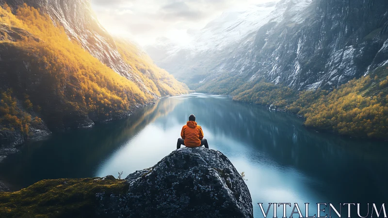 Hiker in orange jacket overlooks calm fjord between peaks