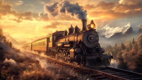 Steam locomotive crossing mountain valley at golden sunset.
