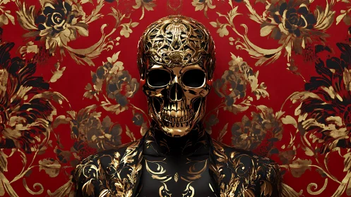 Ornate golden skull figure stands against lush red brocade