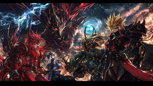 Celestial duel of armored rivals beneath stormlit dragons.