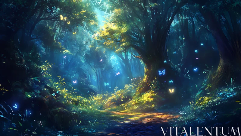 Illuminated forest corridor with bioluminescent organisms.