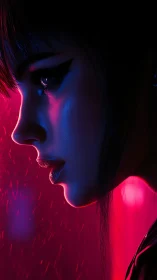 Neon-lit cyberpunk portrait captures rain-soaked contemplation.