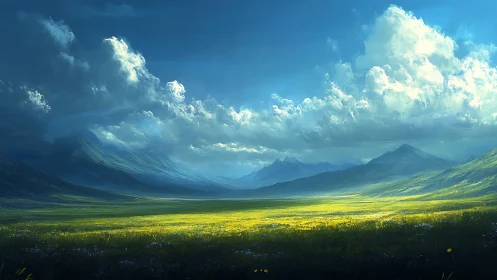 Sunlit valley meadow under wandering afternoon clouds.