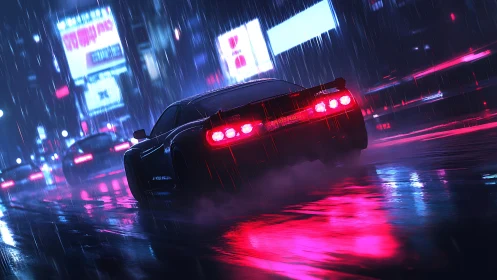 Neon city rain welcomes a sleek sports car into the night
