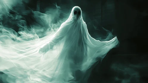Ethereal ghostly spirit emerges from swirling emerald mist.
