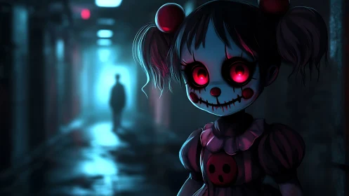 Doll-like figure with red eyes in dim corridor at night.