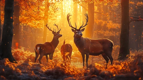 Autumn forest deer basking in golden sunrise magic together.