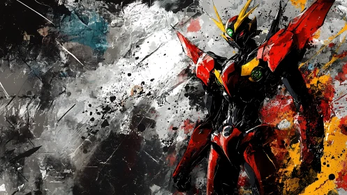 Mecha robot stands amid chaotic abstract paint splashes