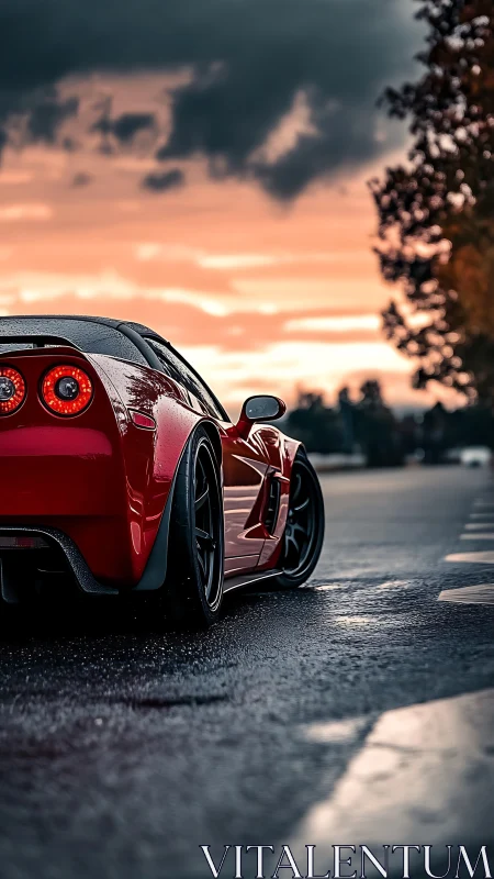 Red sports car on wet road under overcast sunset sky.