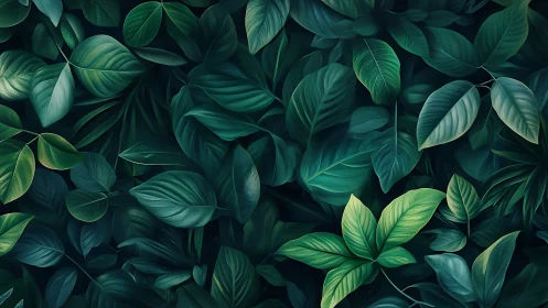 Digitally rendered tropical foliage canopy with layered leaf geometry