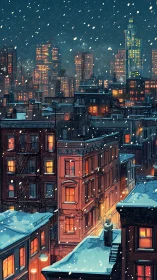 Snowlit city rooftops glow with winter-window warmth tonight.