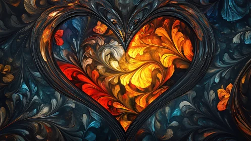 Floral heart vortex glowing in fiery swirling colors.