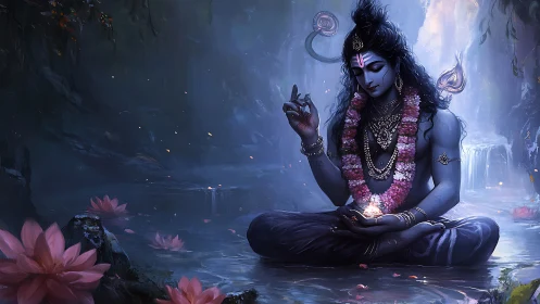 Meditating blue deity holds glowing lotus in misted grotto.