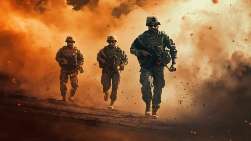 Armed soldiers advance through blazing battlefield smoke