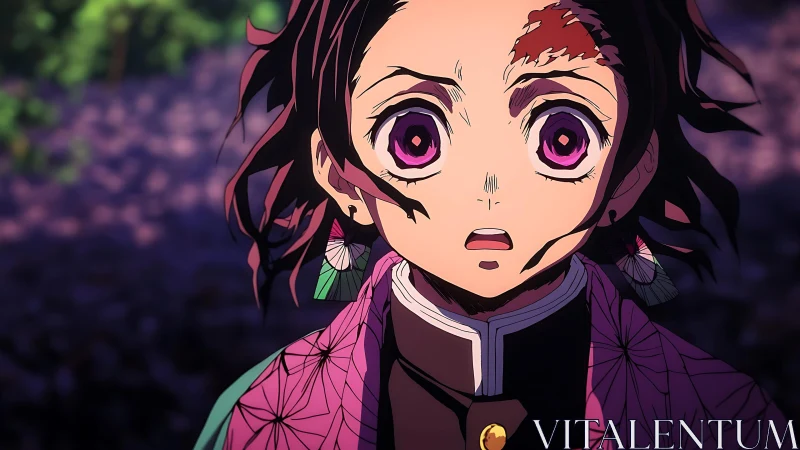 Stunned anime warrior with vivid eyes in dramatic close-up.