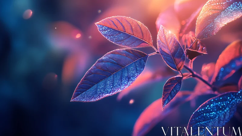 Iridescent dewy leaves glow under dual-tone bokeh lighting