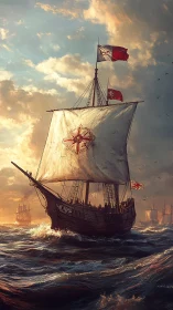 Lateen-rigged carrack under dynamic sunset lighting and rough seas