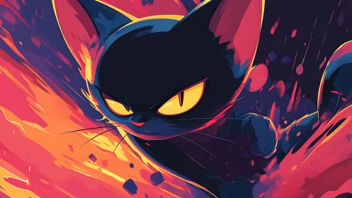 Electric neon black cat charges through blazing colors.