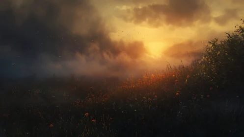 Volumetric sunrise over misty wildflower meadow with storm clouds