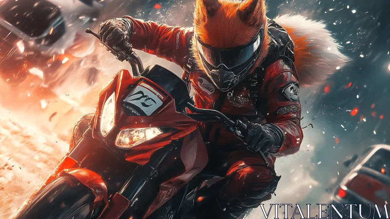 Fox-headed motorcyclist in red suit riding through debris field.