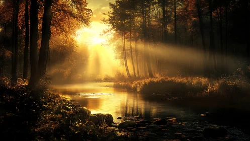 Golden sunrise drifting through a quiet forest river.