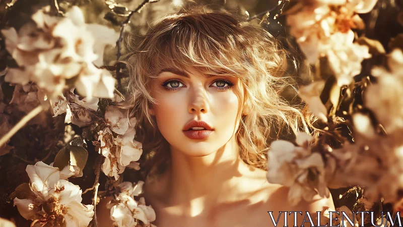 Woman with blonde hair framed by warm blurred flowers.